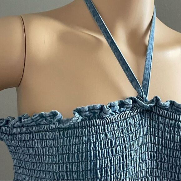 ASOS Denim Bandage Mini Dress with Halter Strap and Attached Bell Sleeve Size 8 - Picture 5 of 15